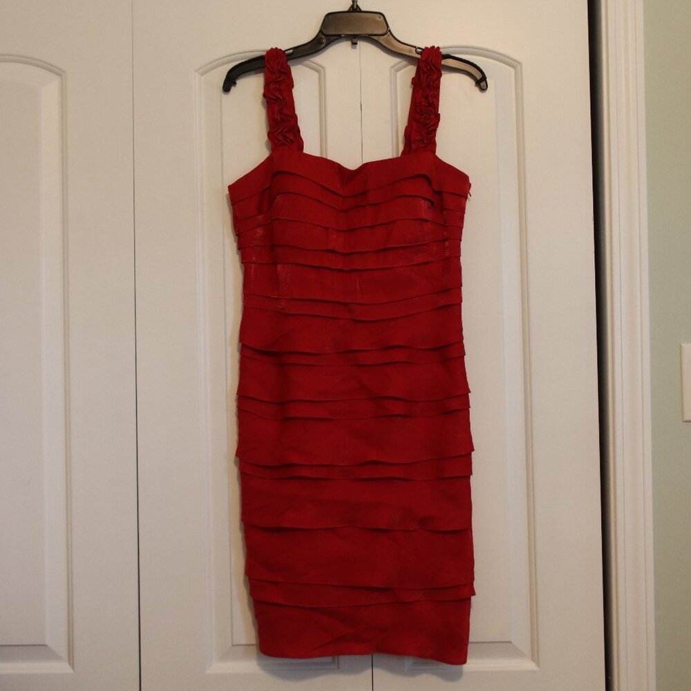 Sangria Shimmer Red Satin Formal, Party Sleeveless  Sheath Dress Short Size 8